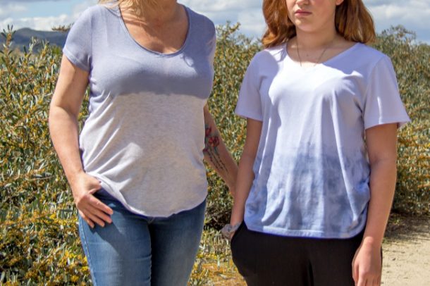 mom and daughter wearing dip dyed tees