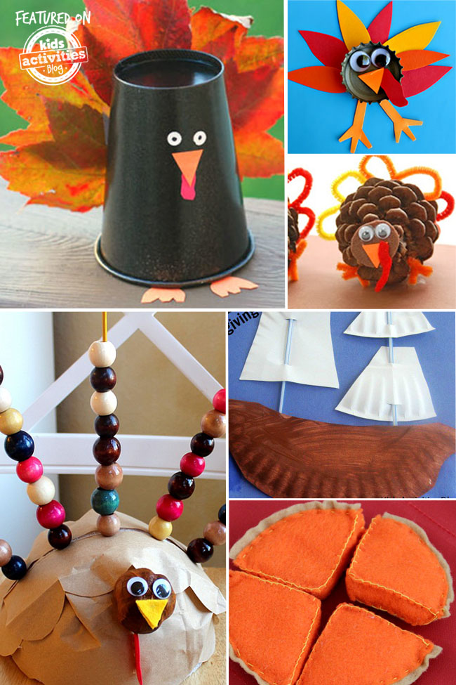 preschool thanksgiving crafts that include a black paper cup turkey with orange leave tail, a bottle cap turkey made of red, orange, yellow construction paper and googly eyes. A fat paper turkey with googly eyes with beaded tail feathers, a pilgrim paper plate boat, and pumpkin pie playdough.