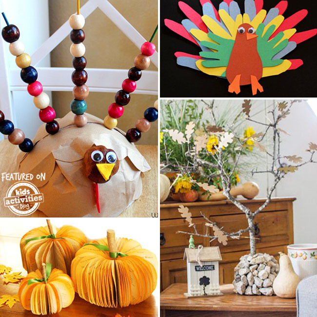 thanksgiving activities for preschoolers with a brown paper turkey with beaded tail feathers, a turkey made out of hands cut out from construction paper, 3d paper pumpkin decor, and a tree with paper leaves.
