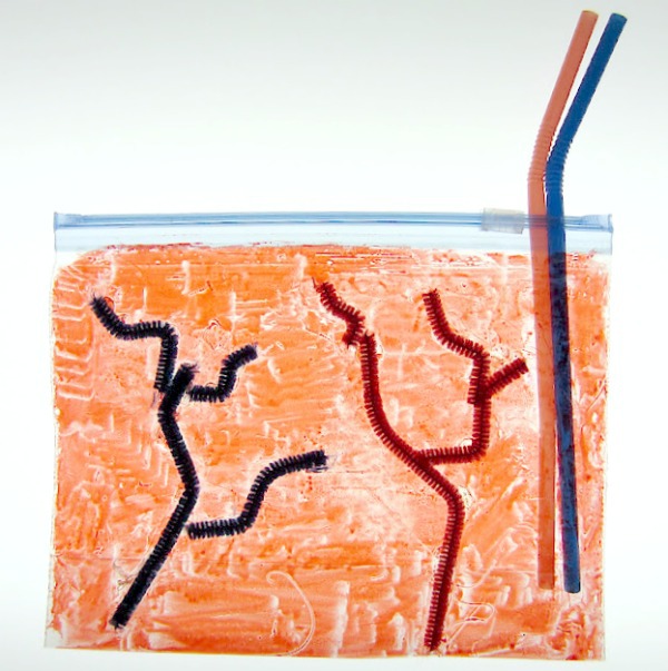 inflatable heart craft with red muscles and red and blue veins and two straws.
