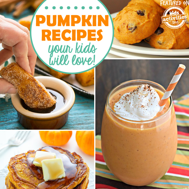 Pumpkin recipes your kids will love like pumpkin french toast, pumpkin pancakes, pumpkin drinks, and pumpkin muffins.