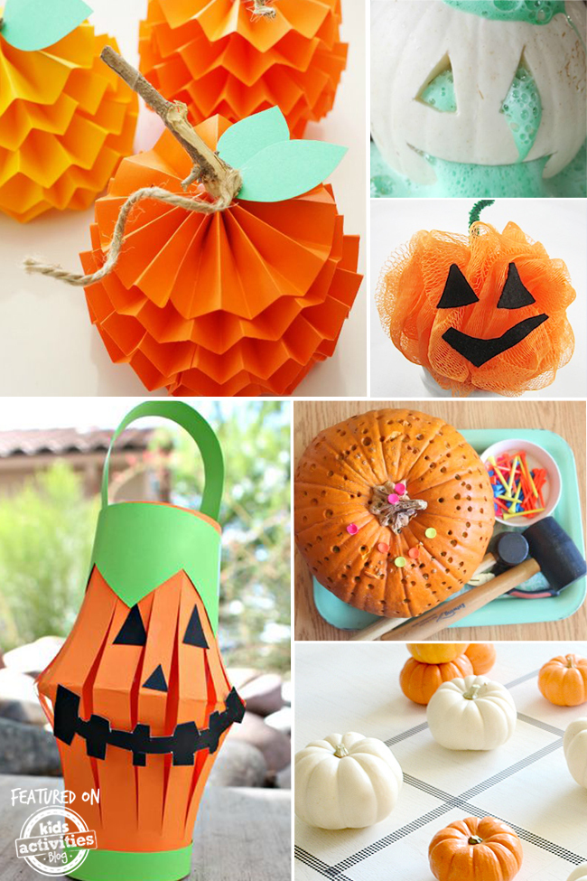 Kids Pumpkin arts and crafts with foaming pumpkins, pinned pumpkins, lantern pumpkins
