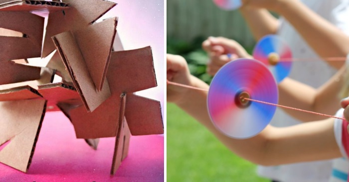 Hands on activities using cardboard boxes to build unique shapes and cd\'s on a string.