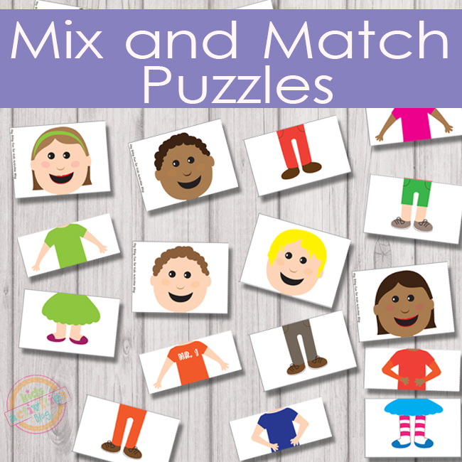 Mix and Match Puzzles that include boy and girls with shirts, pants, and colorful shirts.