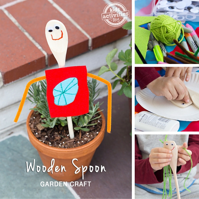 A wooden spoon with a smile, googly eyes, and orange pipe cleaners, a red shirt with a picture of a plant, with images on how to with yarn, markers, felt, googly eyes, and gluing on the eyes and hair.