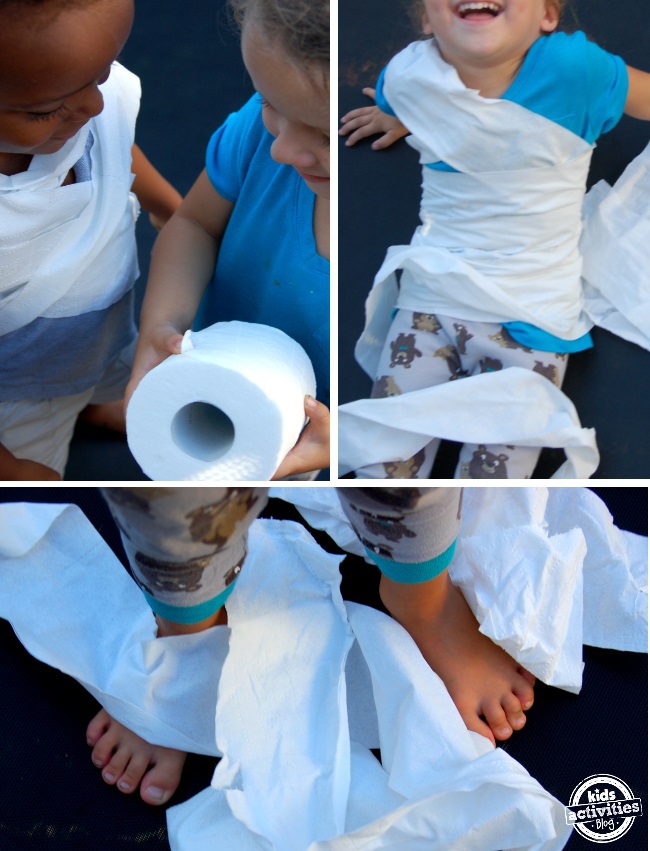 super fun preschool activity - make mummies with toilet paper wrapped around your friends