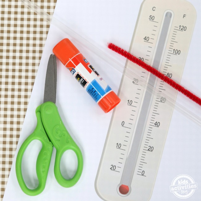 How to Read a Thermometer Craft for Kids - Kids Activities Blog - supplies shown: scissors, glue, clear straw, red pipe cleaner, printed pdf