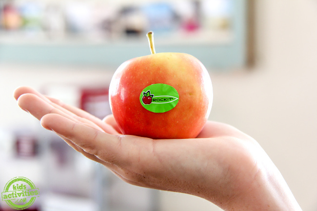a child\'s hand holding a mini red apple