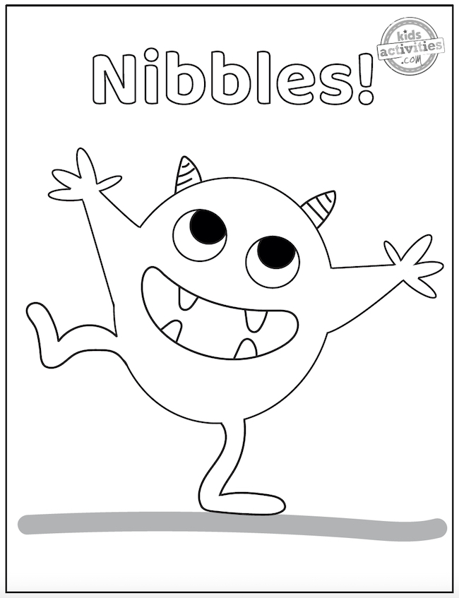 Nibbles the book monster coloring page with colorable title of Nibbles!