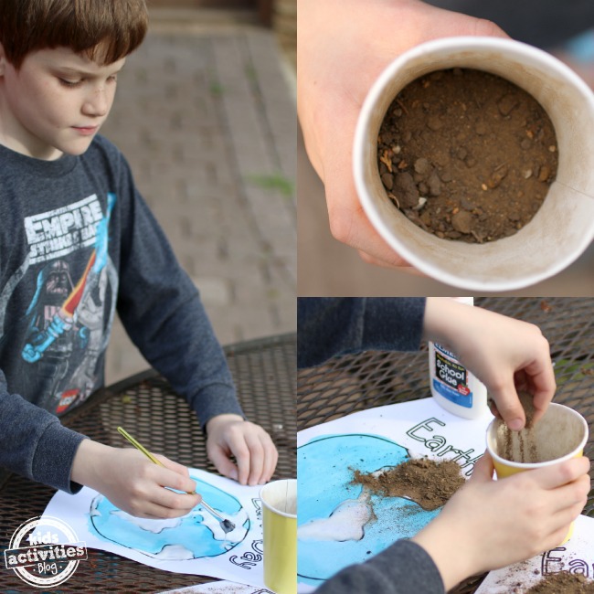 Making an Earth day project using paper, paint, glue, and real dirt!