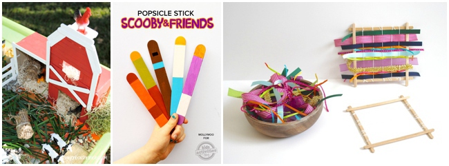 30 Children\'s Popsicle Stick Crafts for kids - 3 shown including weaving with popsicle sticks