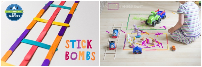30 Children\'s Popsicle Stick Crafts for kids - 2 projects shown including stick bombs