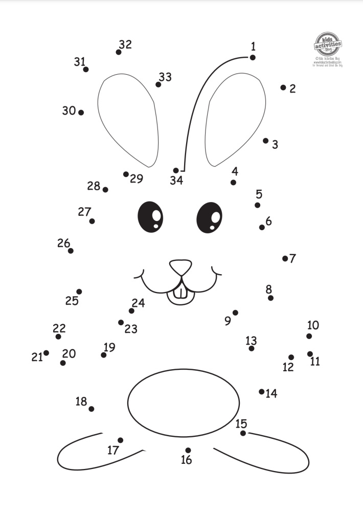Easter bunny dot to dot pdf worksheet for pre-k and kindergarten level with numbers 1-34