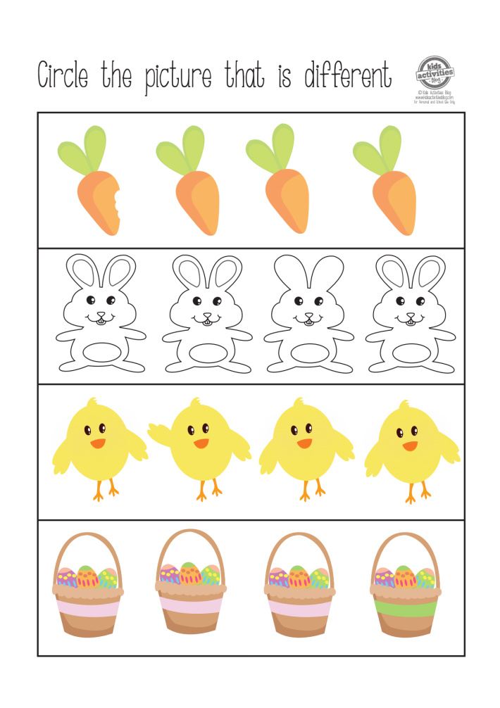 Easter themed pdf worksheet for pre-k -- circle the picture that is different: carrots, bunnies, chicks and Easter baskets from Kids activities blog