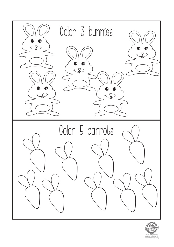 Pre-K Easter worksheet pdf - count and color activity.  Color 3 bunnies and color 5 carrots from Kids Activities Blog