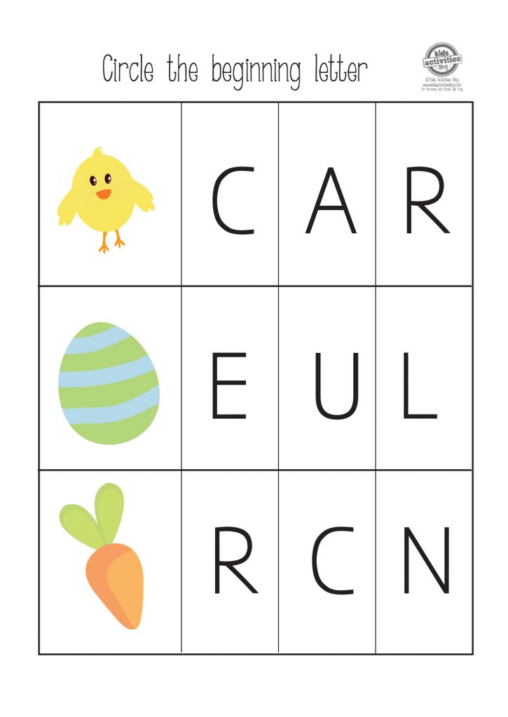 Easter themed pre-k and kindergarten worksheet - circle the beginning letter of chick, egg and carrot 