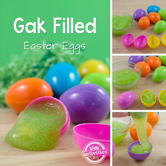 Gak Filled Easter Eggs steps for easy pre-filled idea - 2 supplies needed, fill in the sides, close and hide