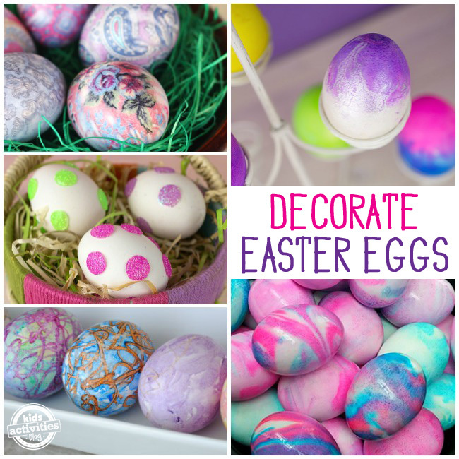 Easter egg dying ideas with polka dots, elaborate designs, ombre designs, squiggly designs, and two toned eggs.