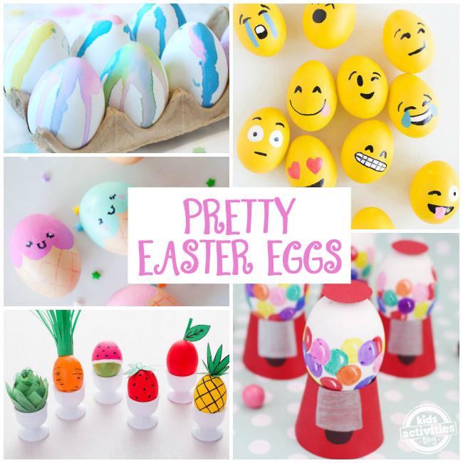 Easter egg decorating ideas that look liked striped eggs, fruits and veggies, gumballs, and emojis.