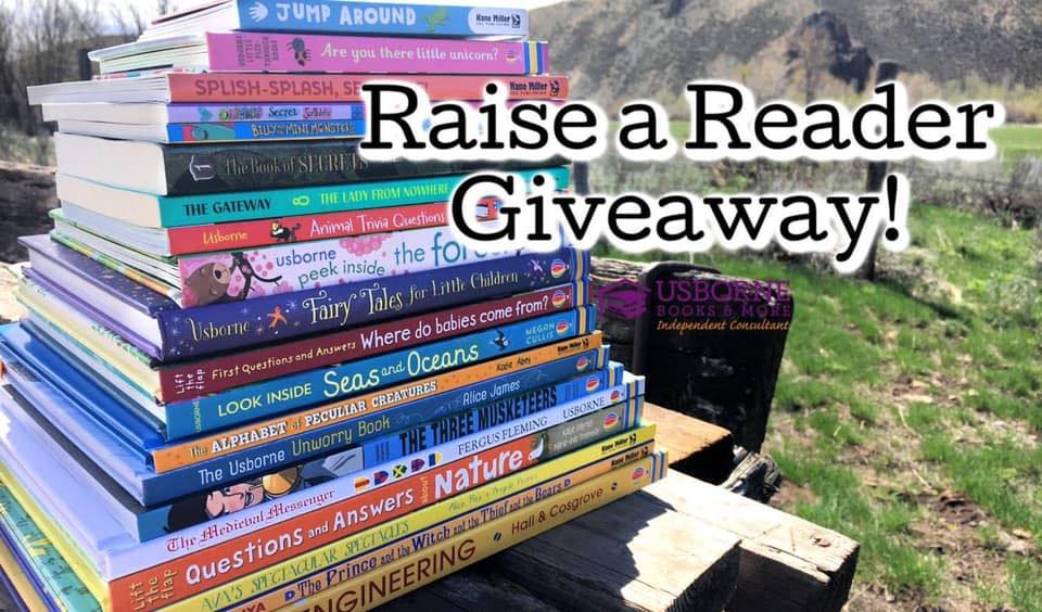 A stack of books for kids of all ages. Text heading says "Raise a reader giveaway"